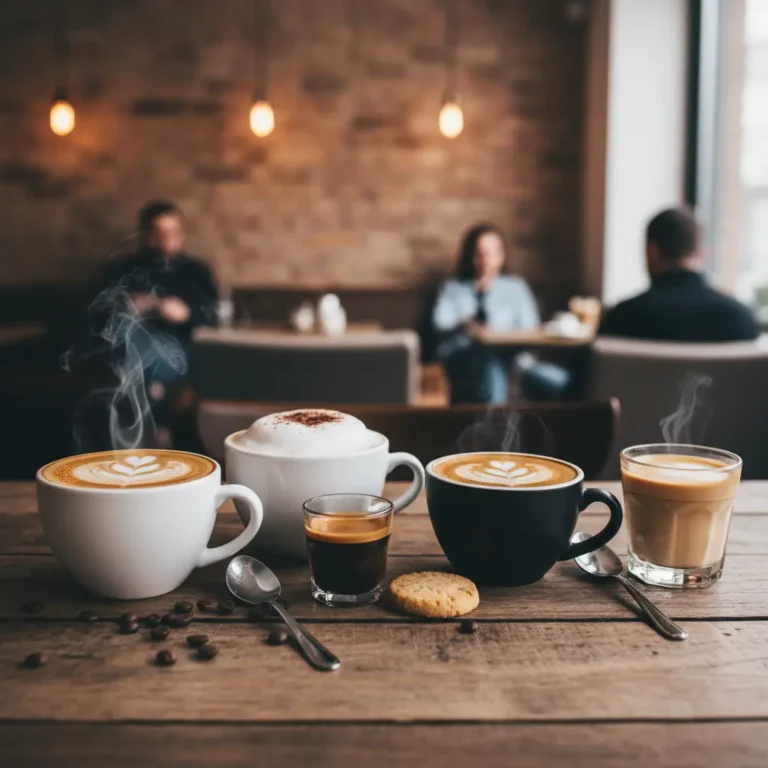 Foto de los diferentes tipos de bebidas con leche y un espresso con gente de fondo en una cafeteria