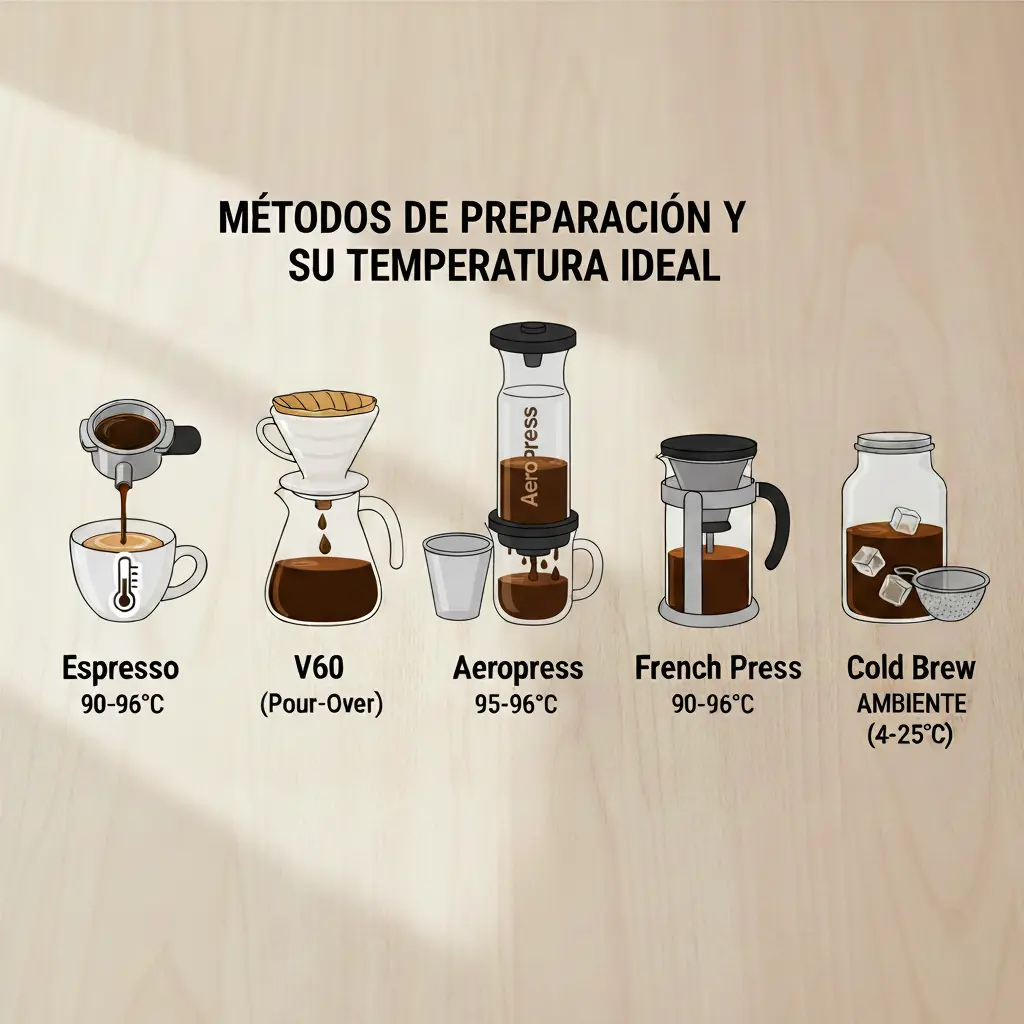Diferentes métodos de extracción del café y sus rangos de temperatura.
