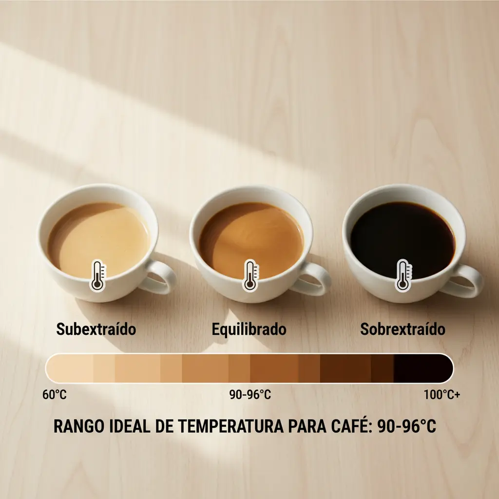 3 tazás de café extraídos con diferente temperatura para mostrar la difrencia en el sabor.