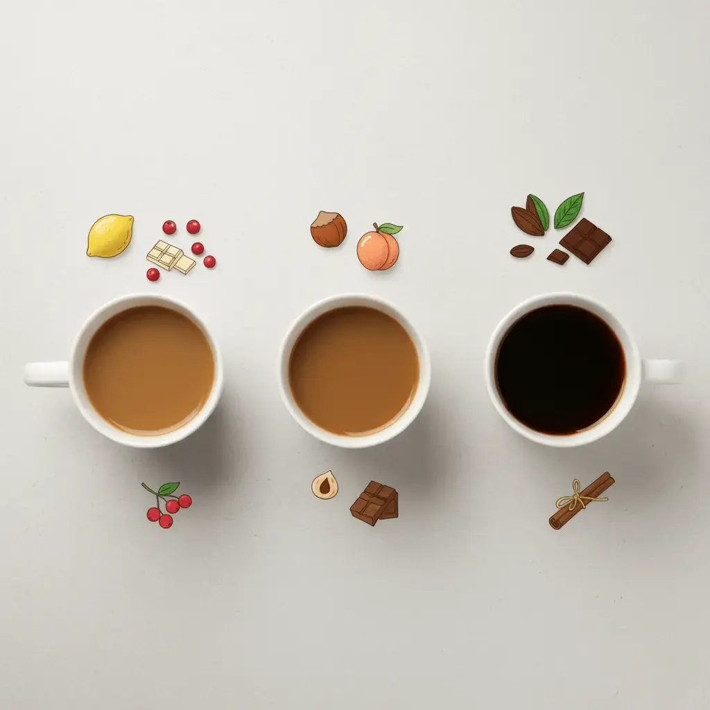 Tazas con diferentes niveles de tueste representando las diferentes notas de cata (citrico, frutal y achocolatado)