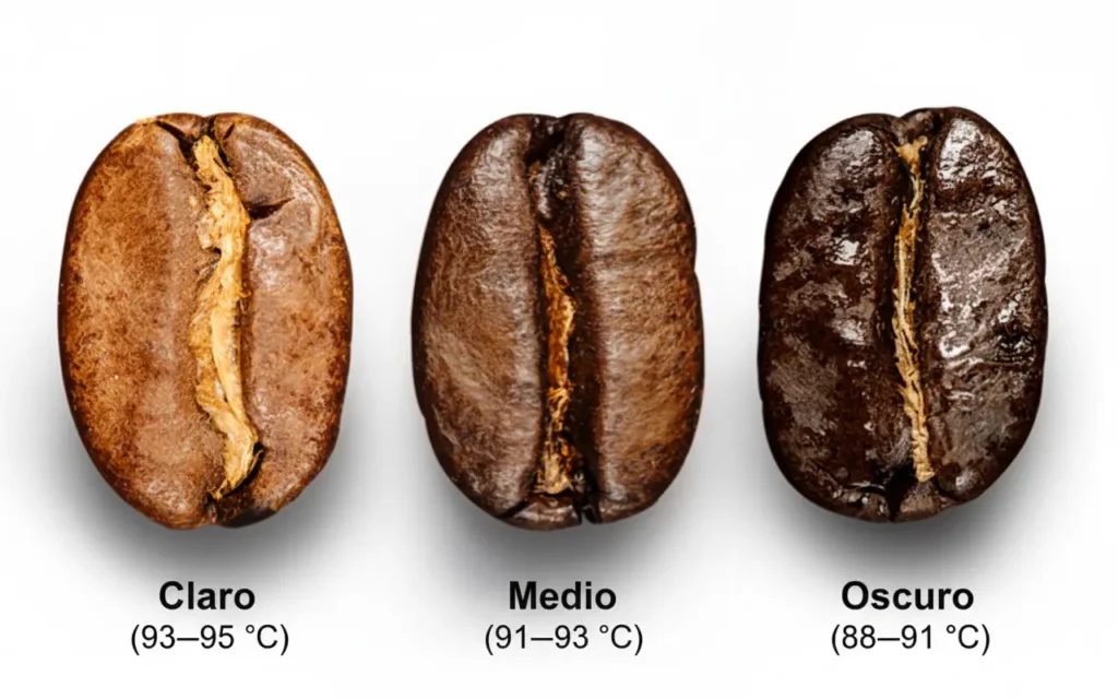 Diferentes tipos de tueste (claro, medio, oscuro) y sus temperaturas de extracción.
